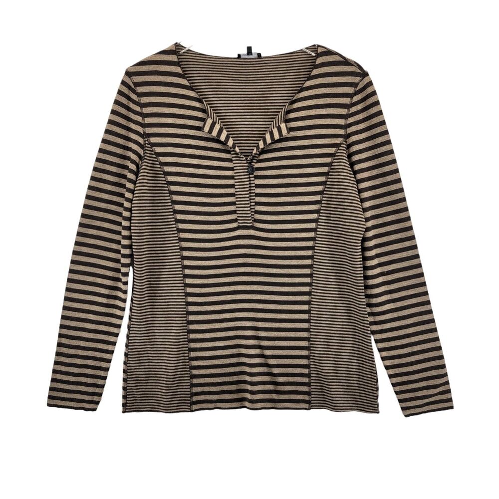 Lafayette 148 Womens Long Sleeve Shirt Size Large Brown Mixed‎ Stripes Viscose